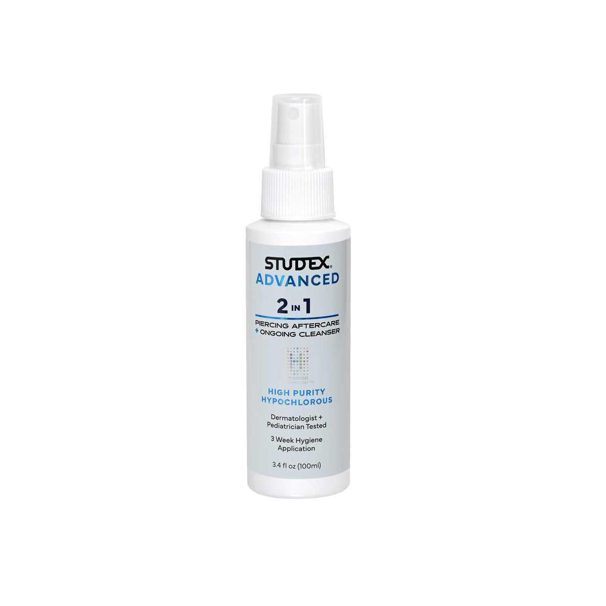 Studex Advanced 2-in-1 aftercare bottle shows compact skin-friendly piercing care.