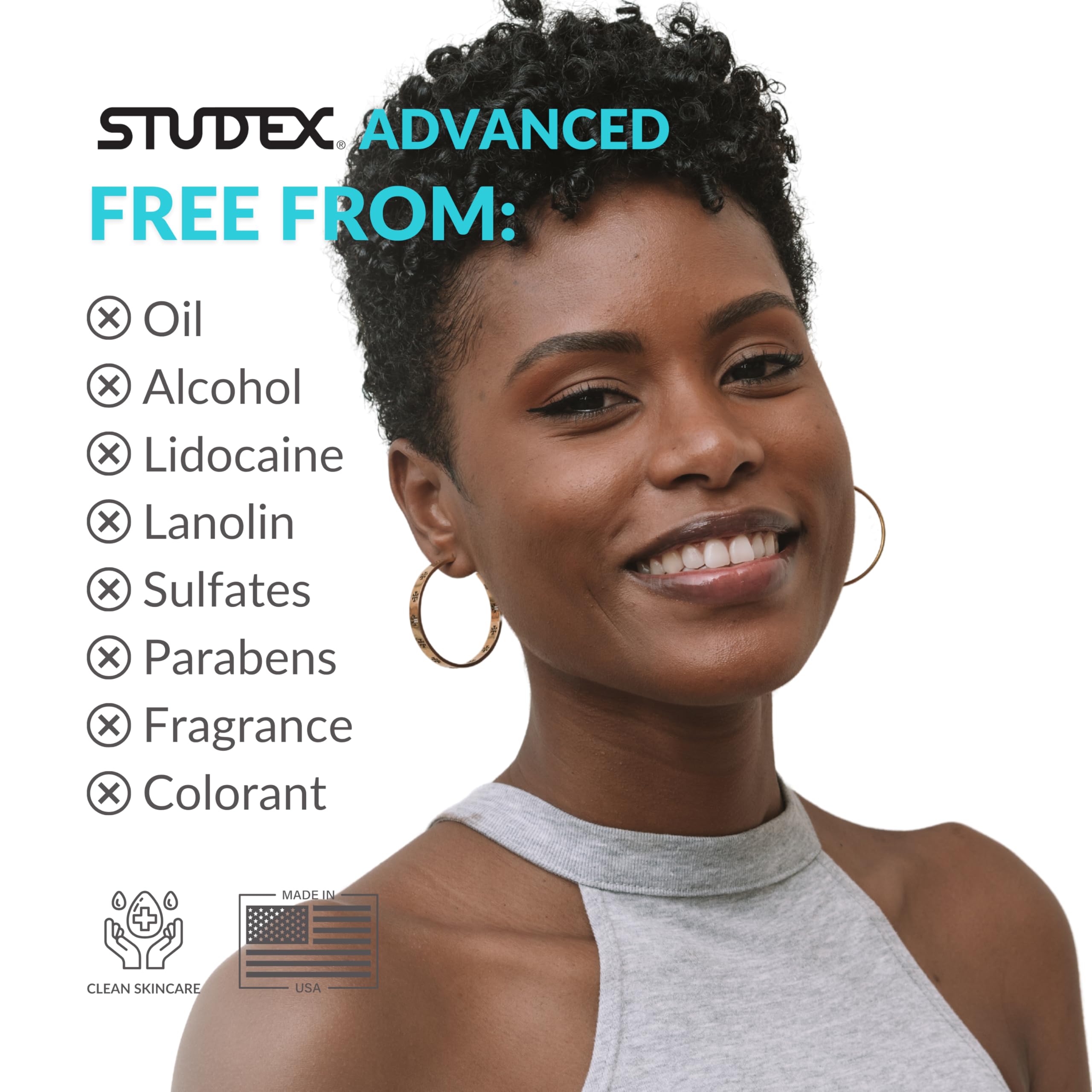 Vegan cruelty-free logo on Studex product signals ethical piercing care.
