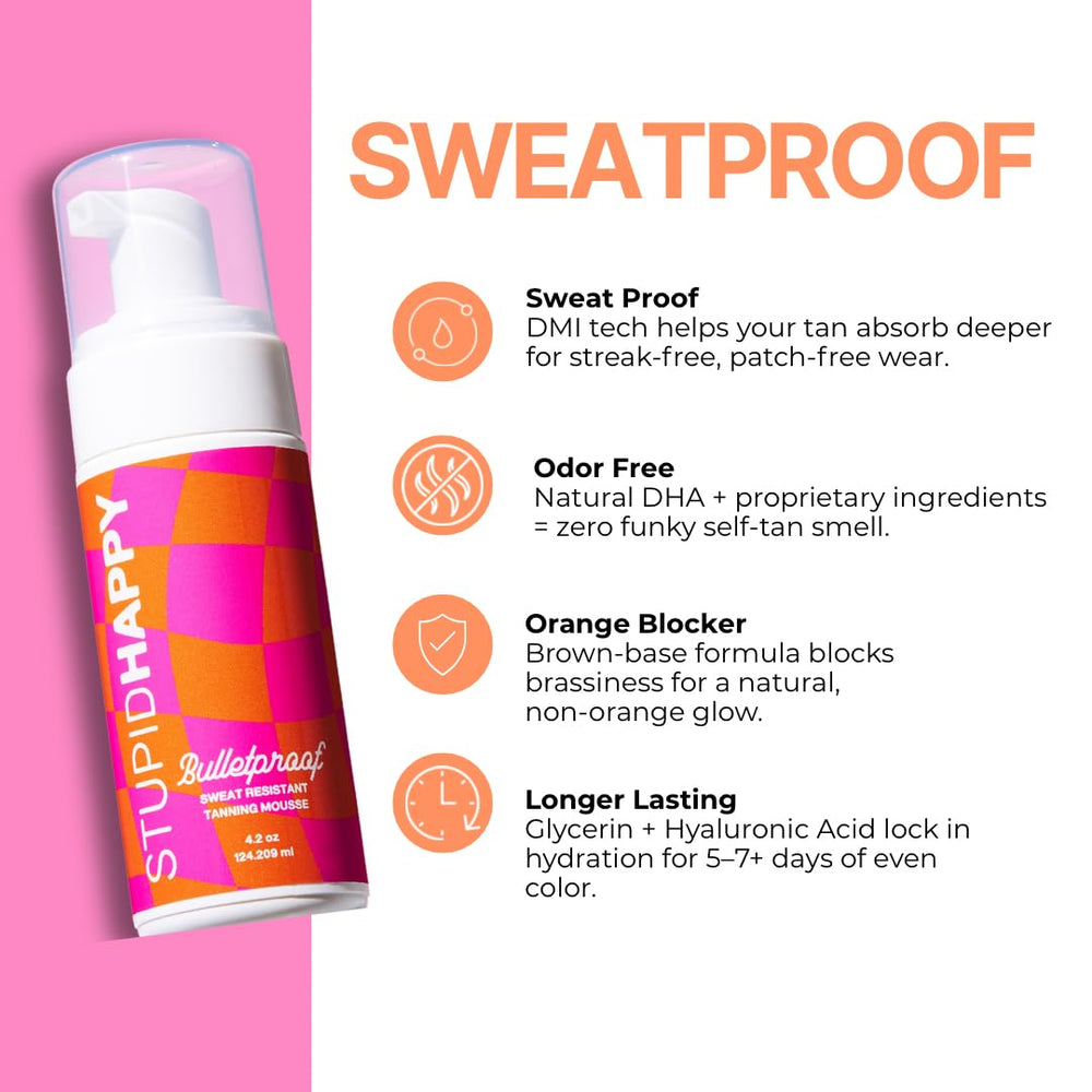 Stupid Happy self tanner mousse application swipe demonstrates easy streak-free coverage