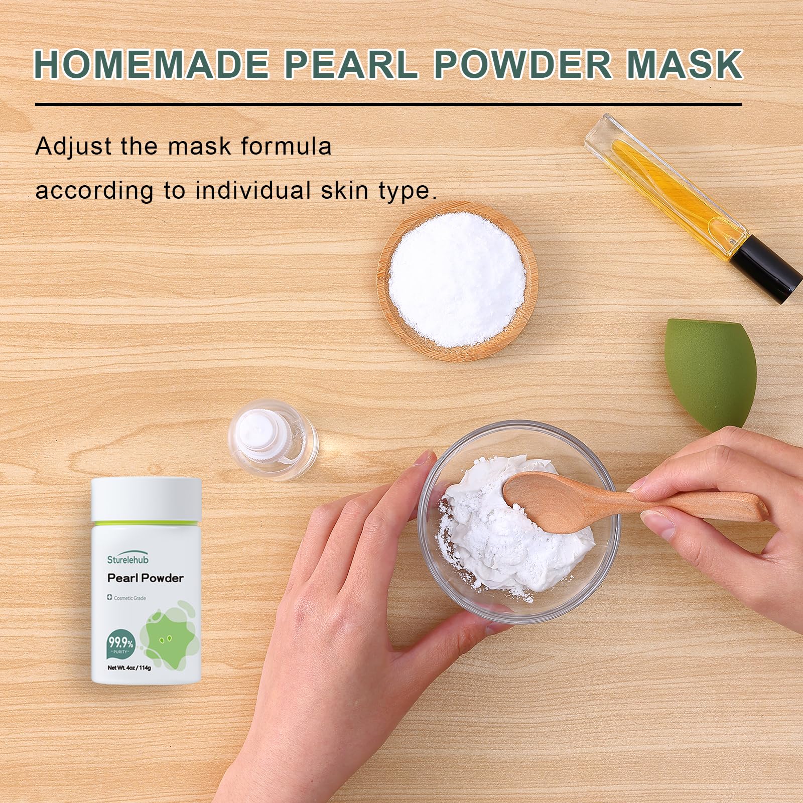 Sturelehub pearl powder with ingredient labels emphasizing purity.