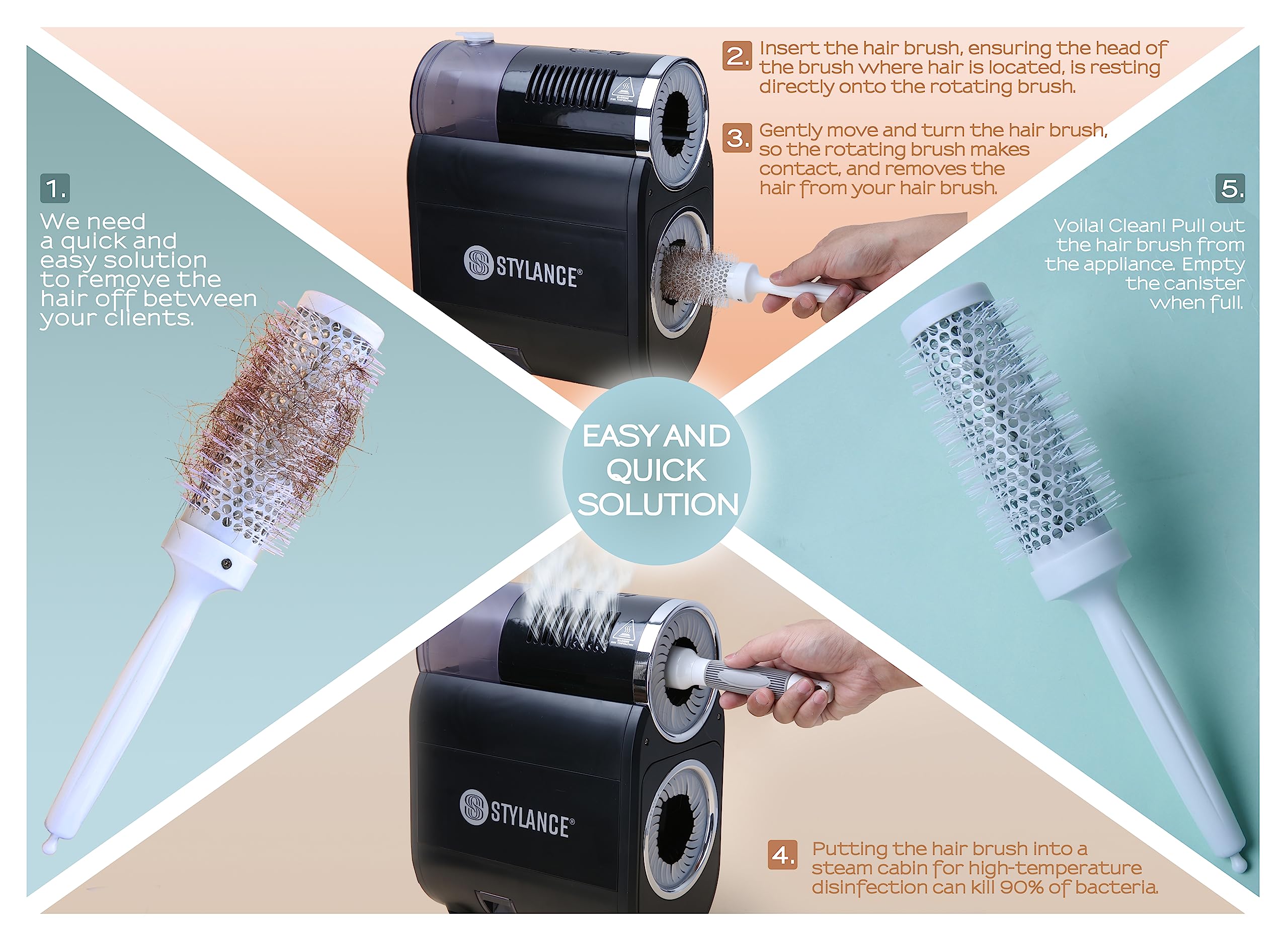 STYLANCE automatic hair brush cleaner post-clean brush output for refresh.