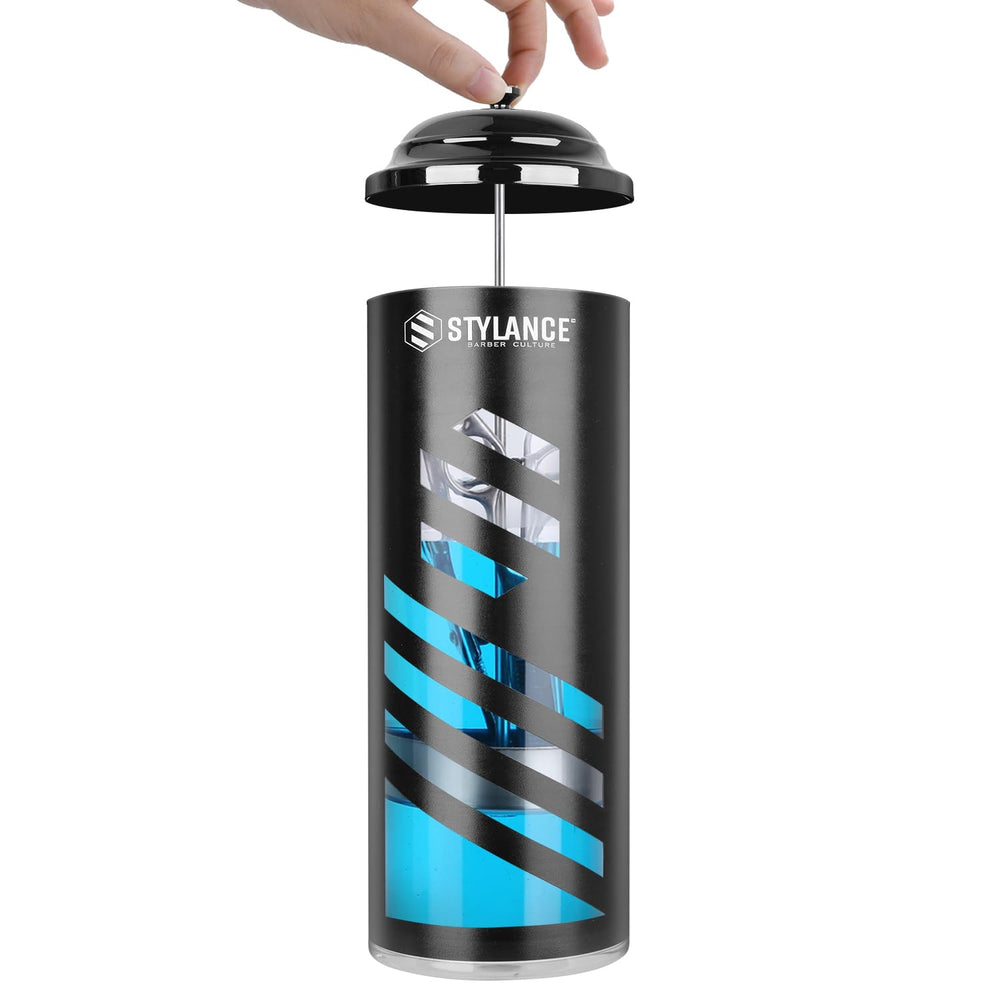 STYLANCE Barber Disinfecting Jar chrome lid close-up conveys durable, spa-grade hardware