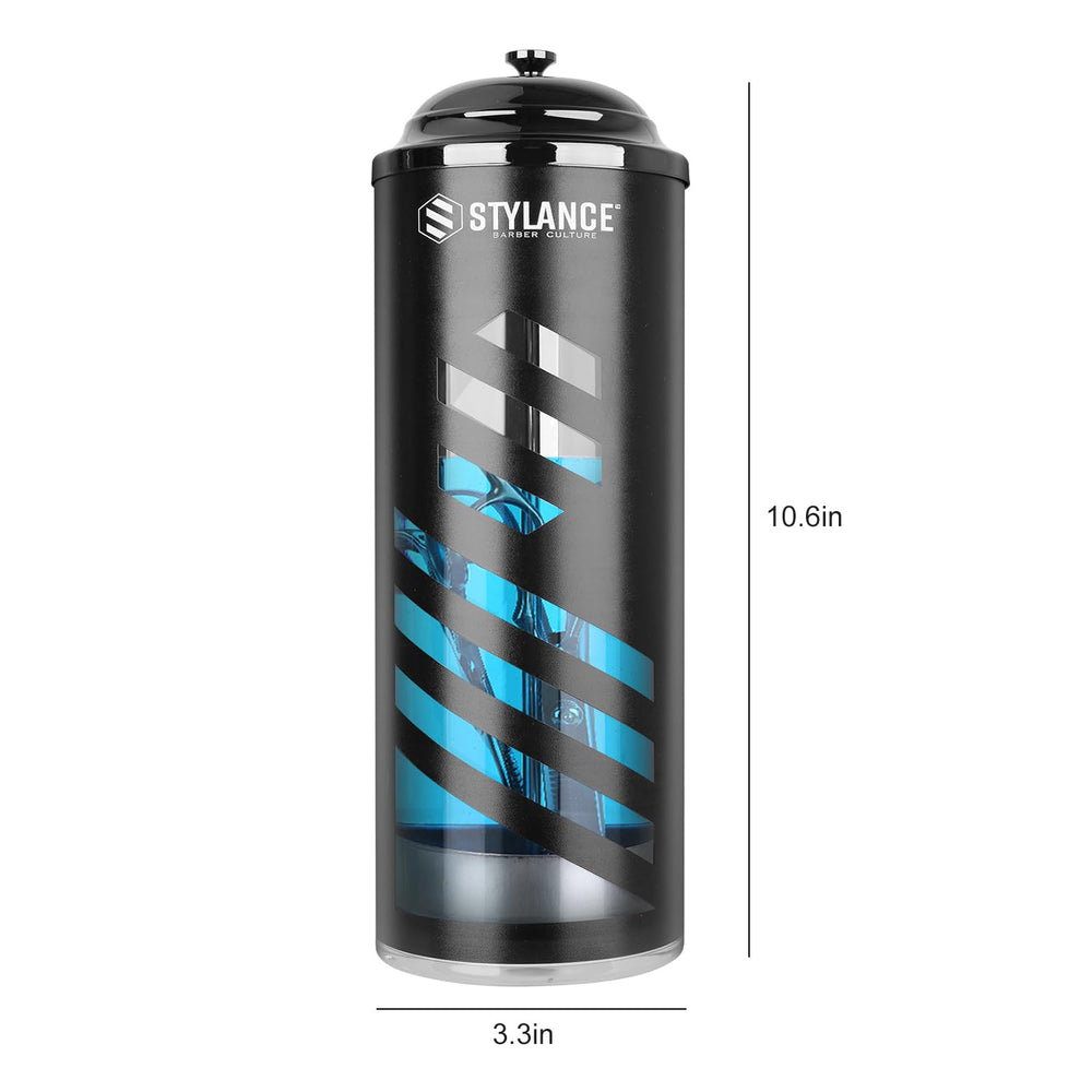 STYLANCE Barber Disinfecting Jar chrome lid highlights easy access and secure evaporation prevention