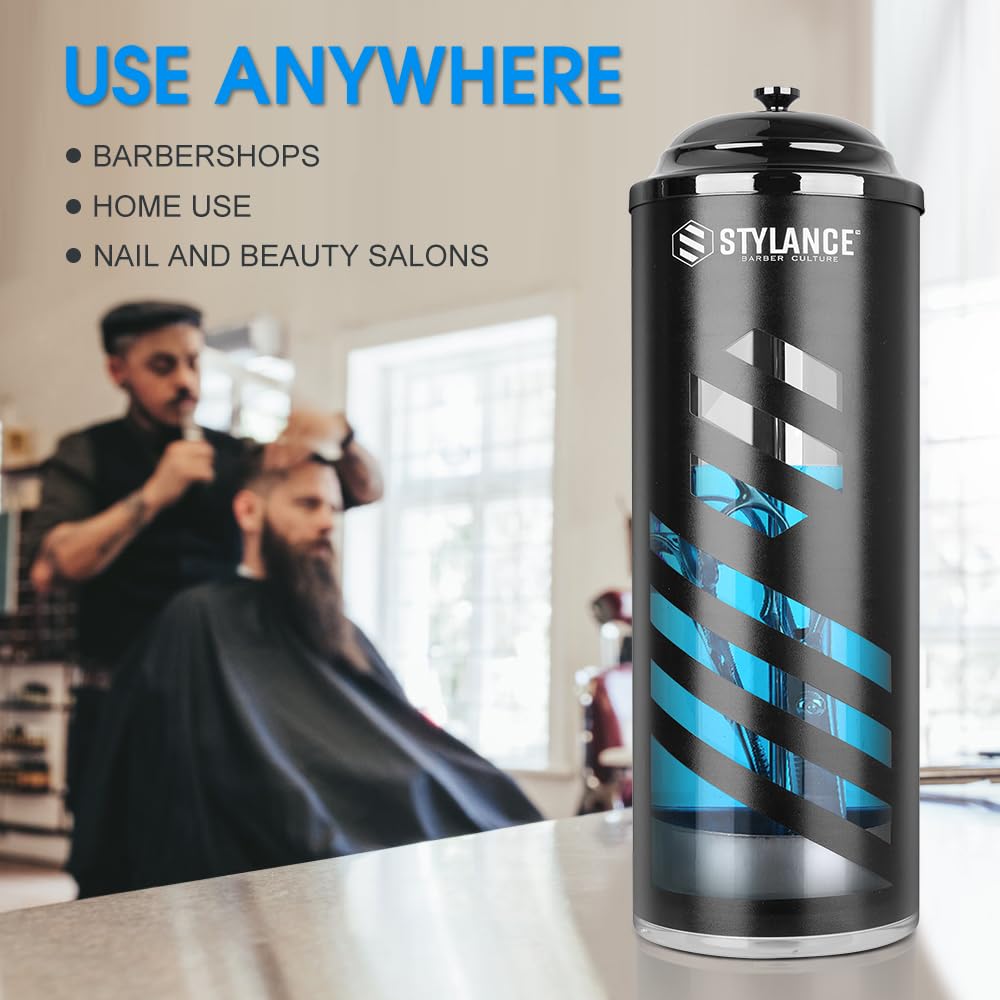 STYLANCE Barber Disinfecting Jar with submerged tools demonstrates thorough sanitation immersion