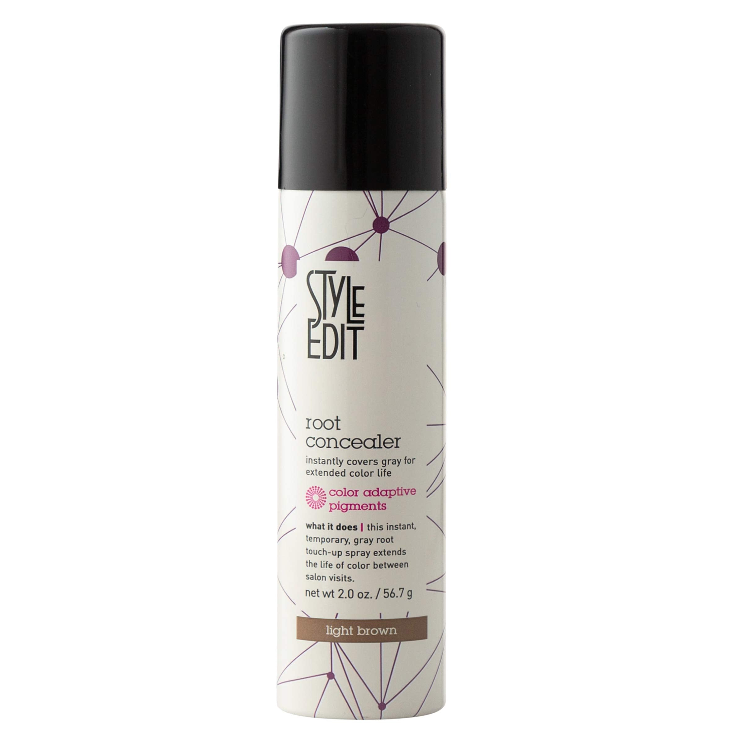 Style Edit light brown root concealer bottle covers grey roots in seconds.