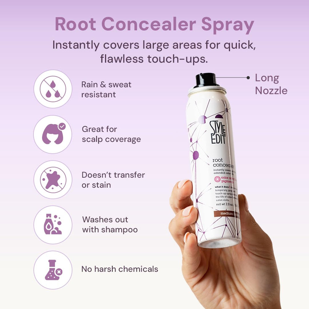 Style Edit Root Concealer Spray shown during application on hair for instant gray coverage.
