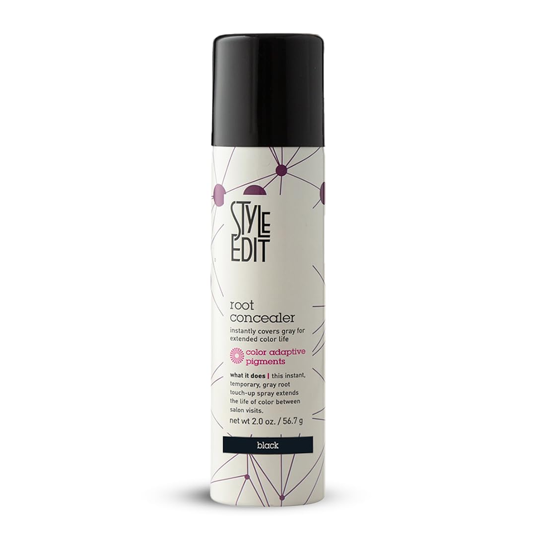 STYLE EDIT Root Concealer spray bottle front view for quick gray root coverage.