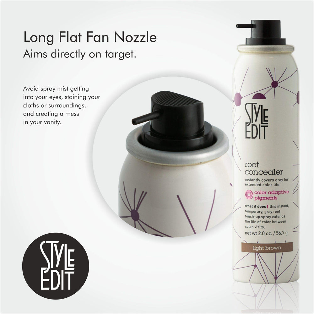 Style Edit Root Concealer spray-on-hair application demonstrates easy coverage.