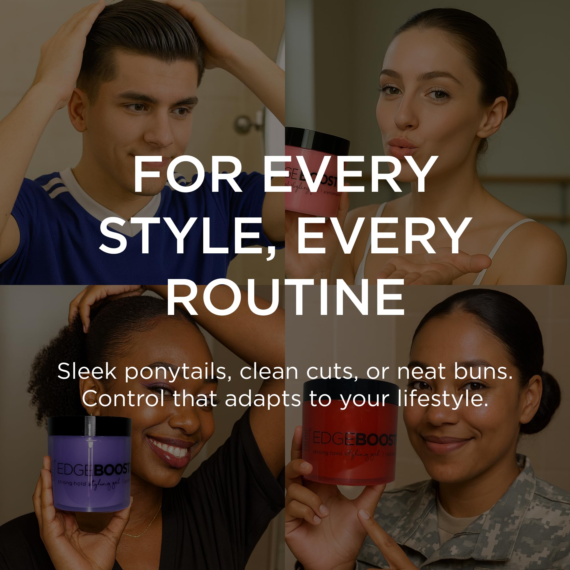 Style Factor Edge Booster sleek ponytail look for long-lasting, flexible hold.