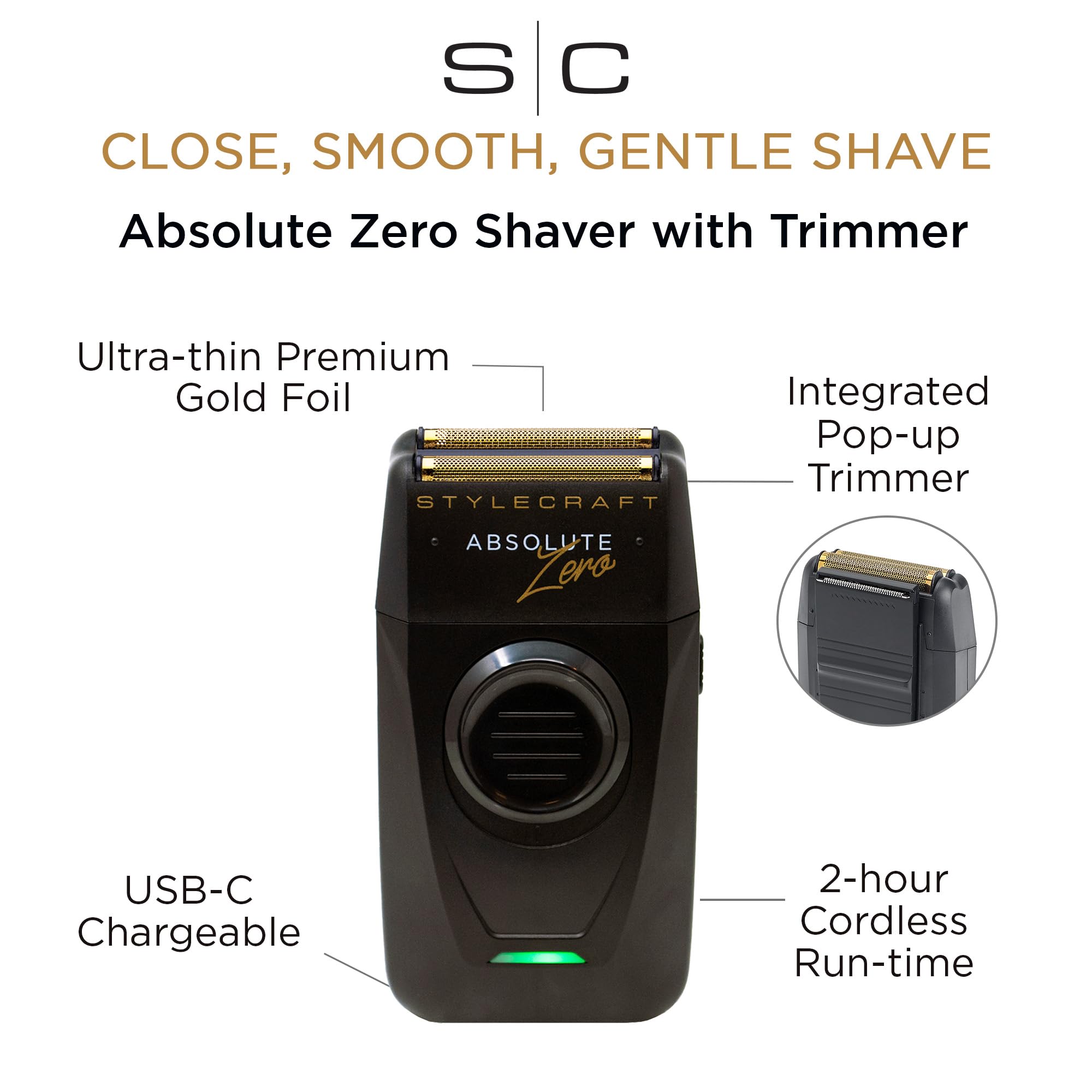 StyleCraft Absolute Zero foil shaver back view showcasing retractable precision trimmer for 2-in-1 grooming