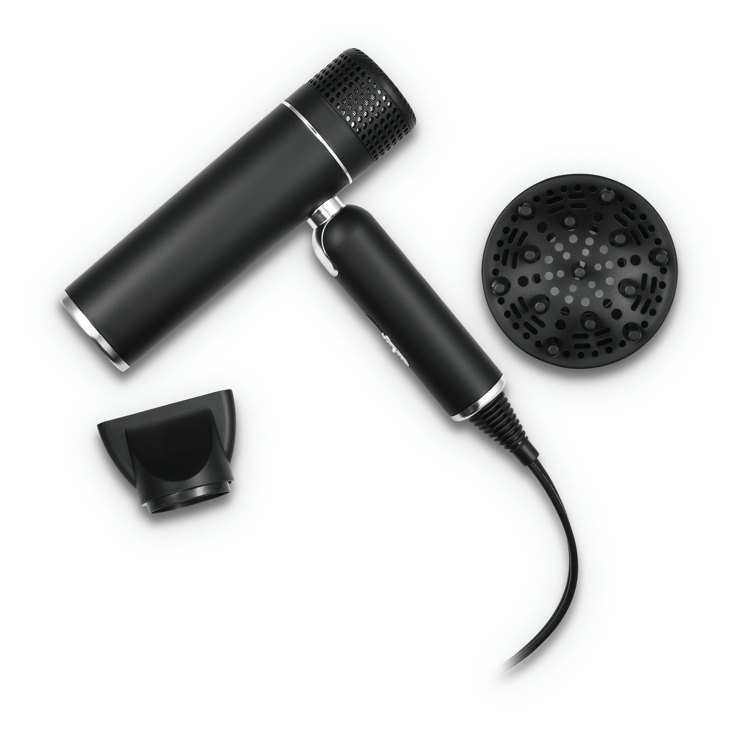 StyleCraft Ace foldable hair-dryer front view with matte black finish and silver accents for a premium look