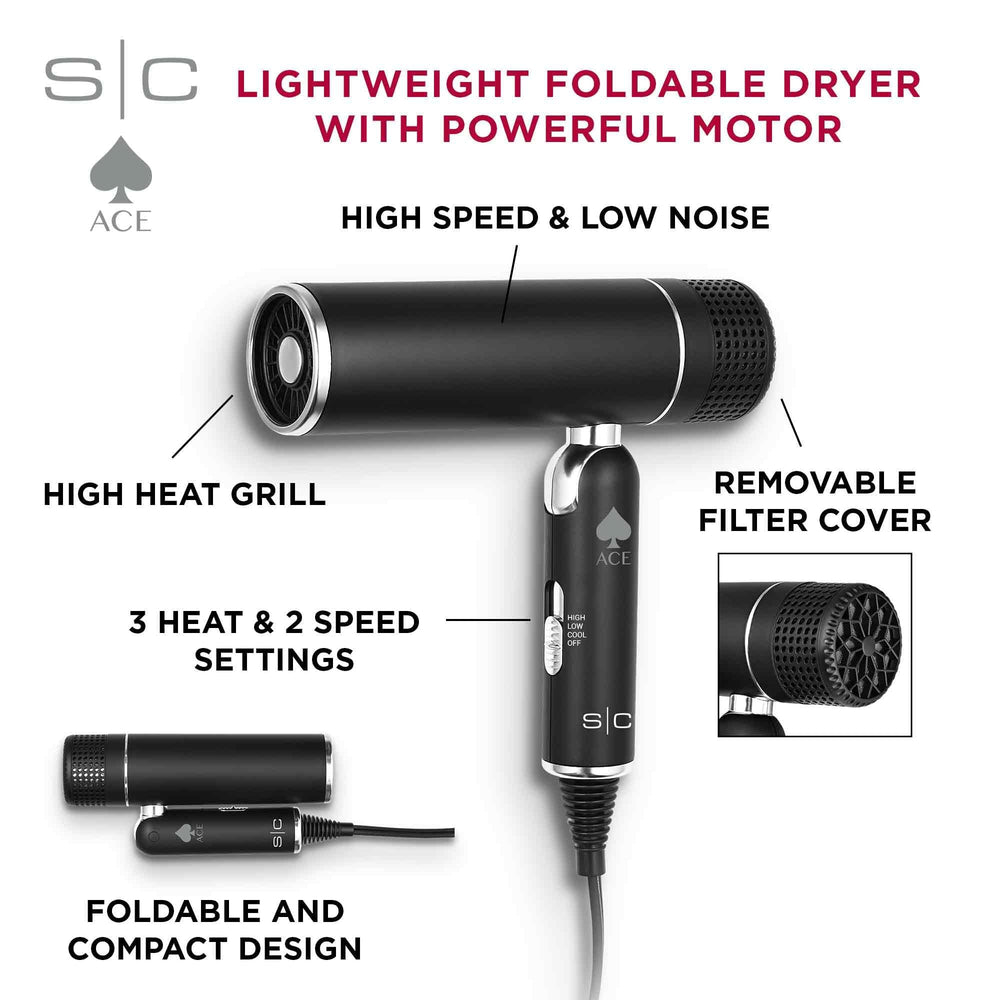 StyleCraft Ace foldable hair-dryer side view showing compact, travel-friendly design
