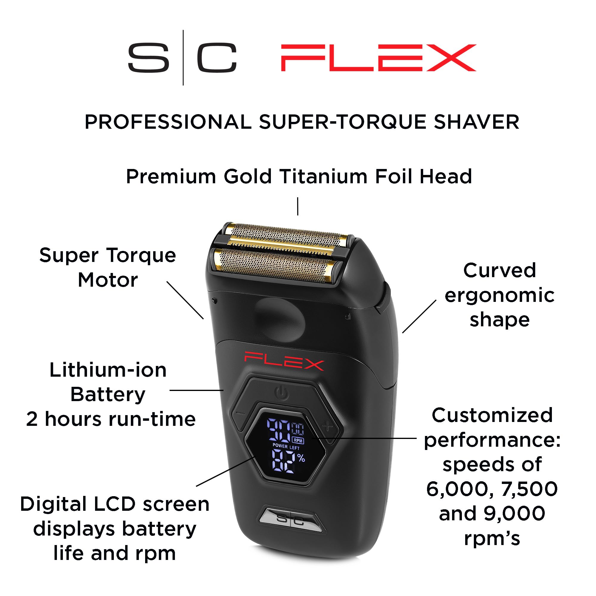 StyleCraft Flex digital display shows battery life and RPM at a glance.