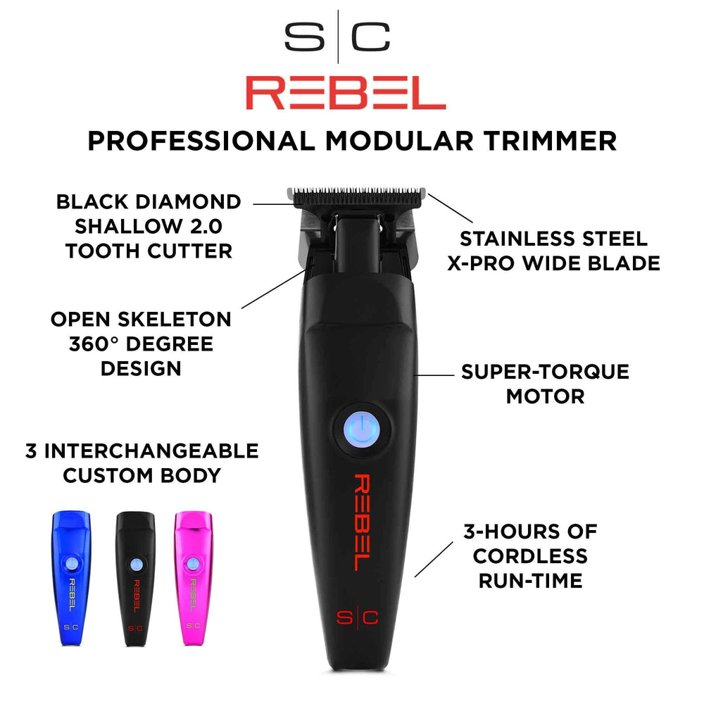 Stylecraft Rebel cordless hair trimmer battery view highlights 3-hour runtime for extended grooming.