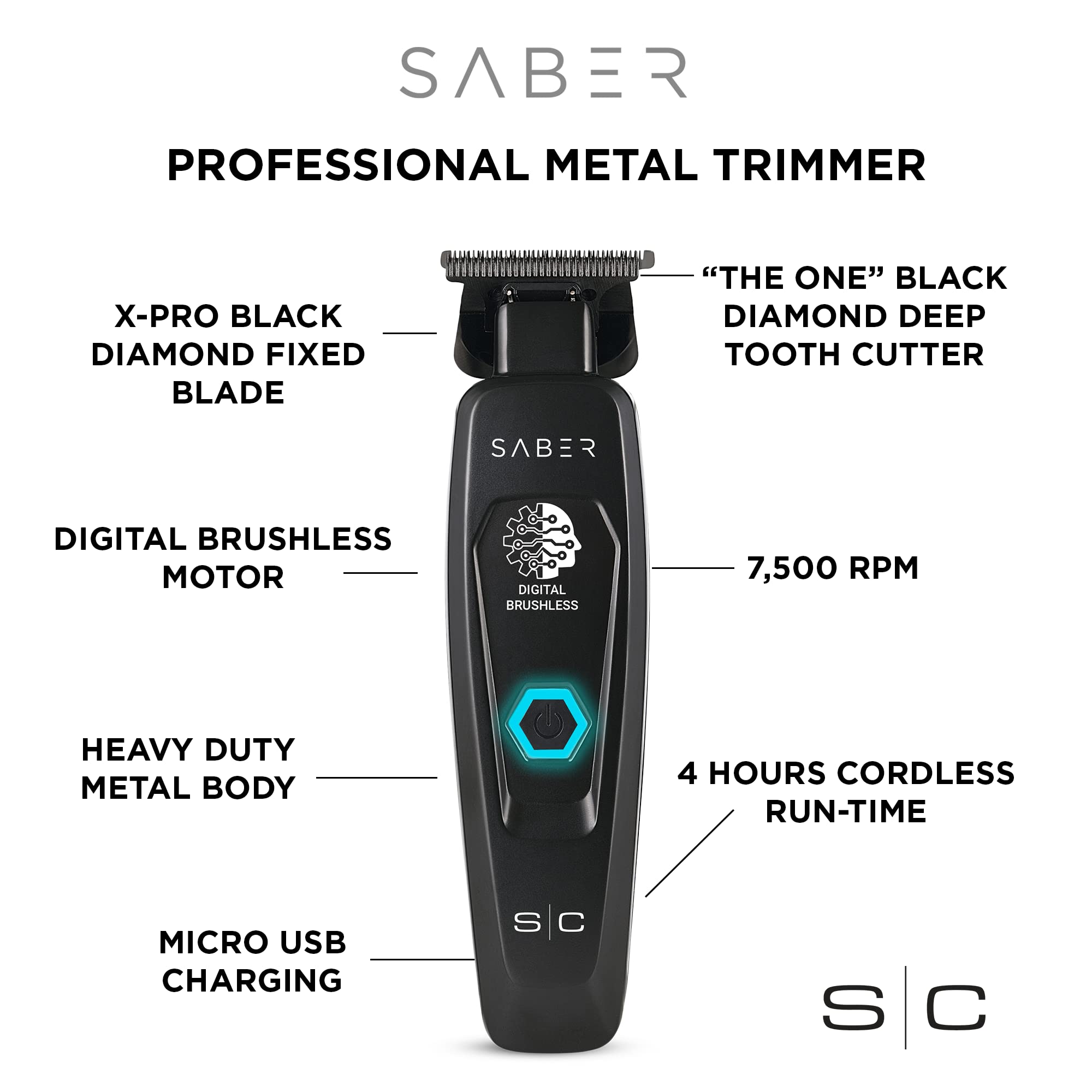 StyleCraft Saber digital brushless motor delivers high torque for smooth cuts at 7,000 rpm.