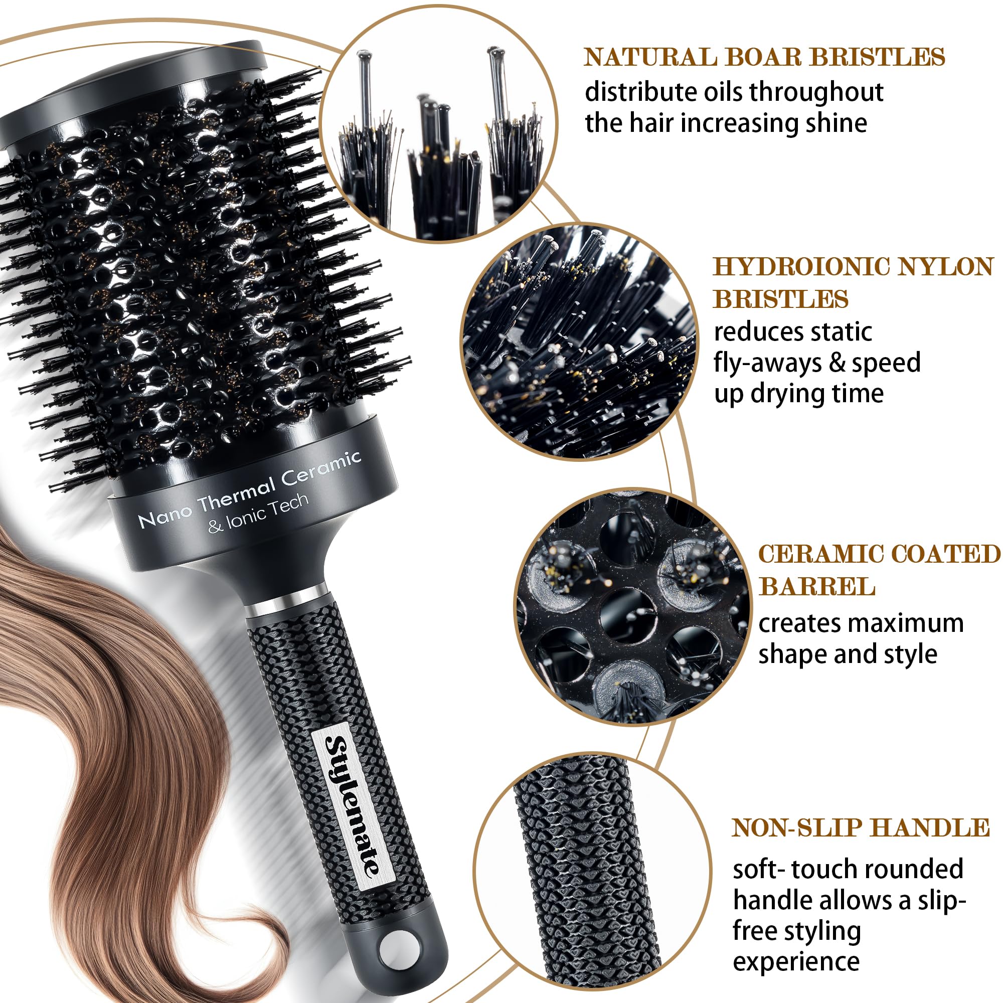 STYLEMATE brush highlights natural boar bristles for even oil distribution and shine.