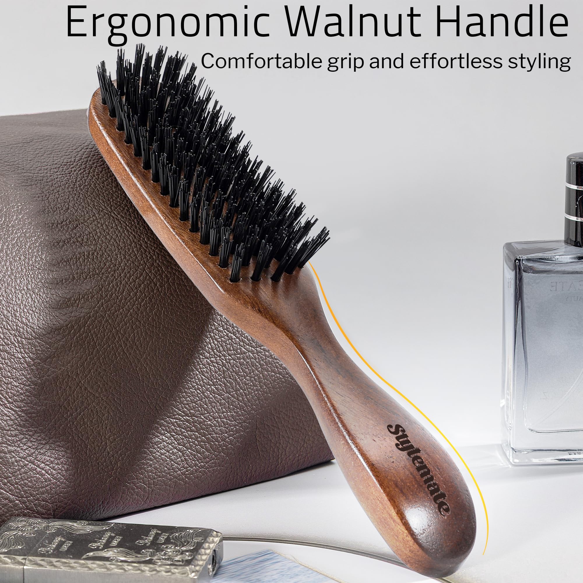 STYLEMATE nylon brush used on beard for even oil distribution and shaping