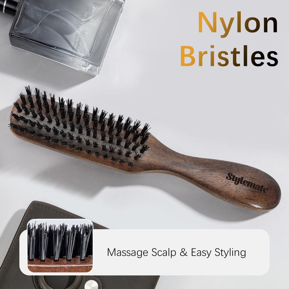 STYLEMATE nylon brush with walnut wood handle highlighting ergonomic grip