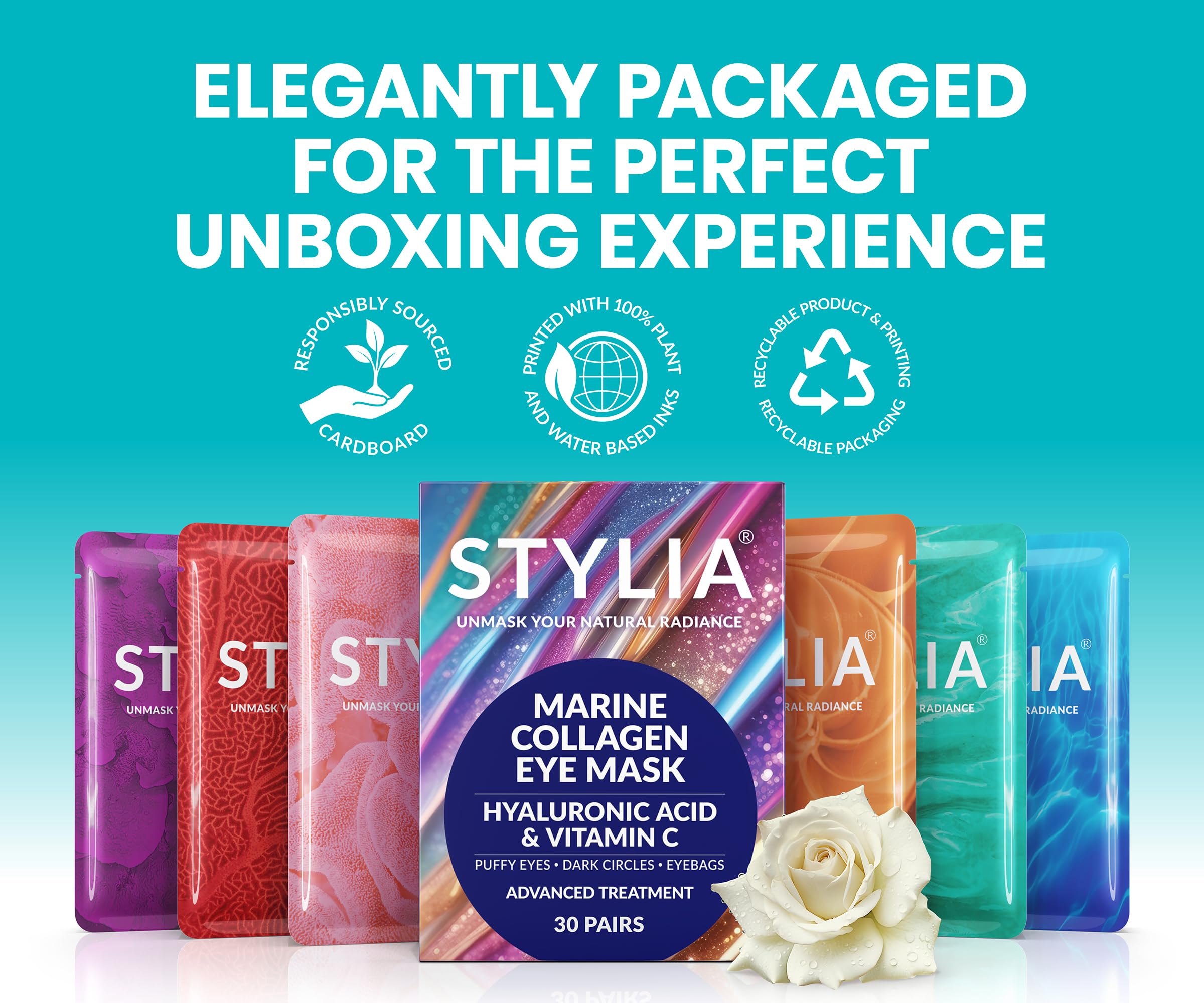 Stylia under-eye patches tray highlights pearl extract and red algae components.
