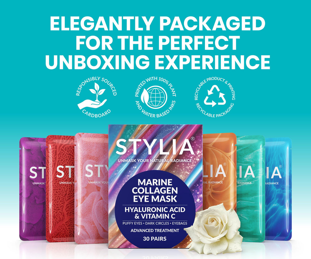 Stylia under-eye patches tray highlights pearl extract and red algae components.