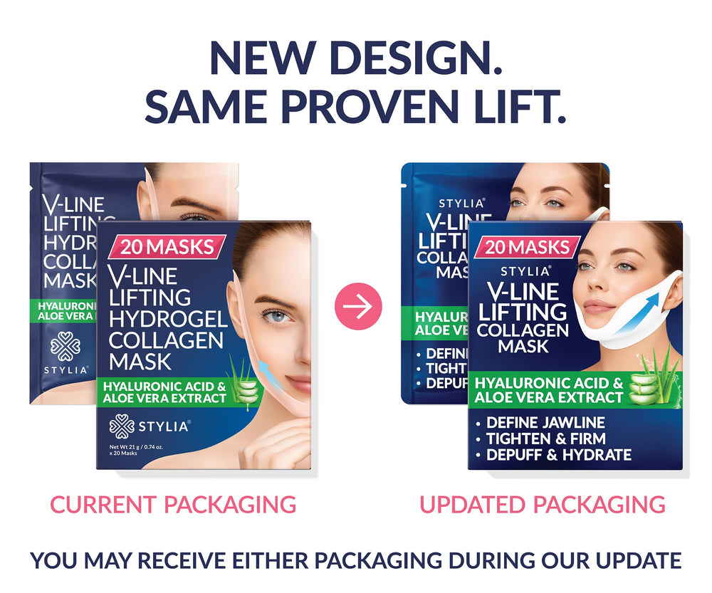 Stylia V Line ingredients card emphasizes hyaluronic acid and aloe vera benefits.