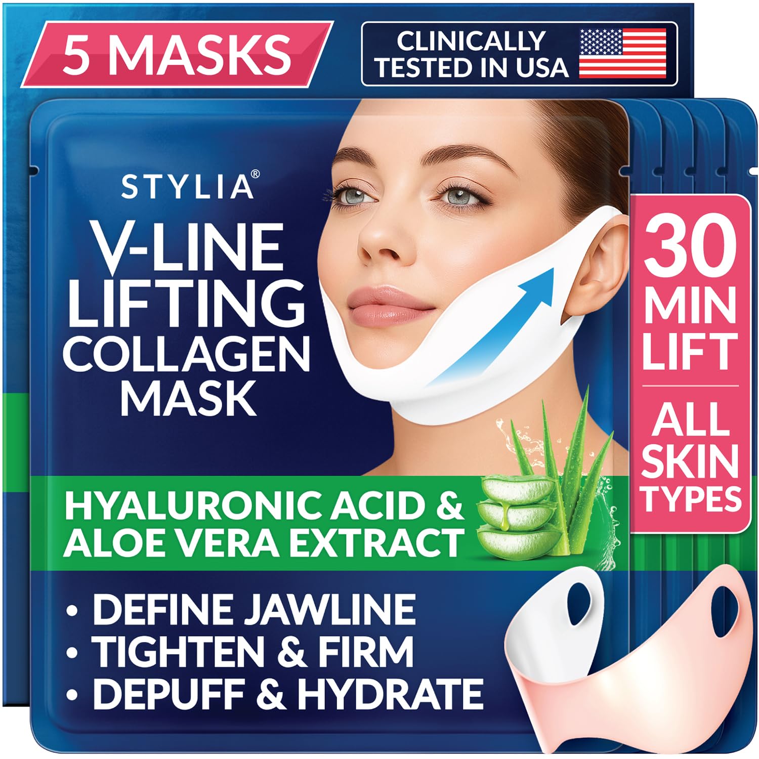 Stylia V Line lifting collagen mask application shows targeted jawline lift potential.