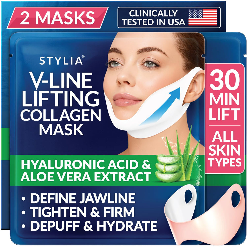 Stylia V Line lifting collagen mask packaging highlights premium ingredients for skin nourishment