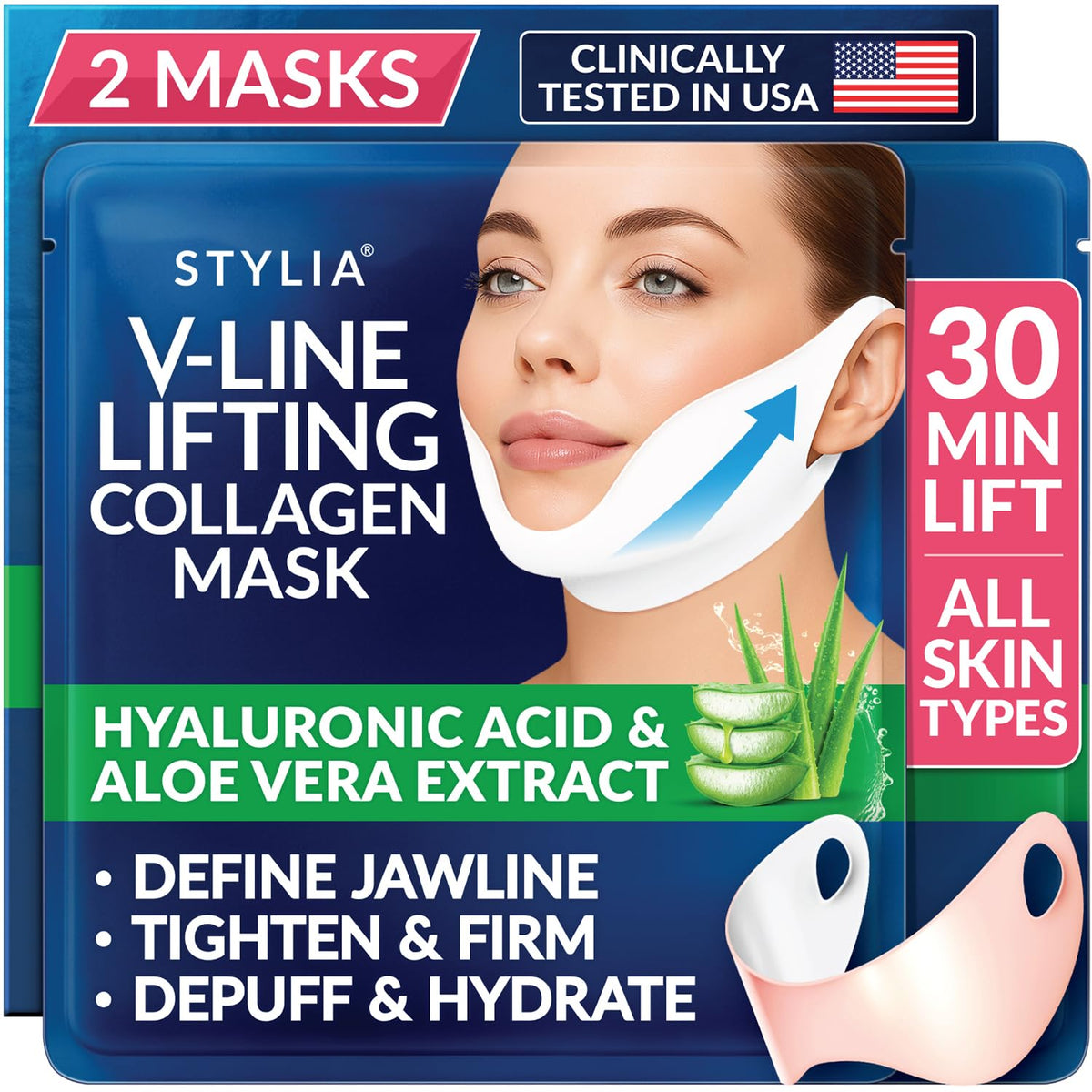 Stylia V Line lifting collagen mask packaging highlights premium ingredients for skin nourishment