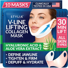Stylia V Line lifting collagen mask packaging emphasizing premium branding and hydration focus