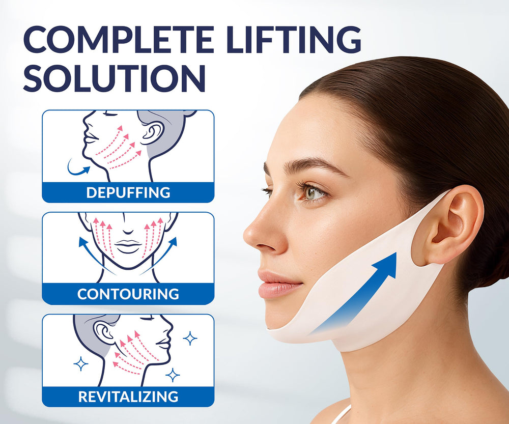Stylia V Line Mask sleeping strap demonstrates overnight chin support.