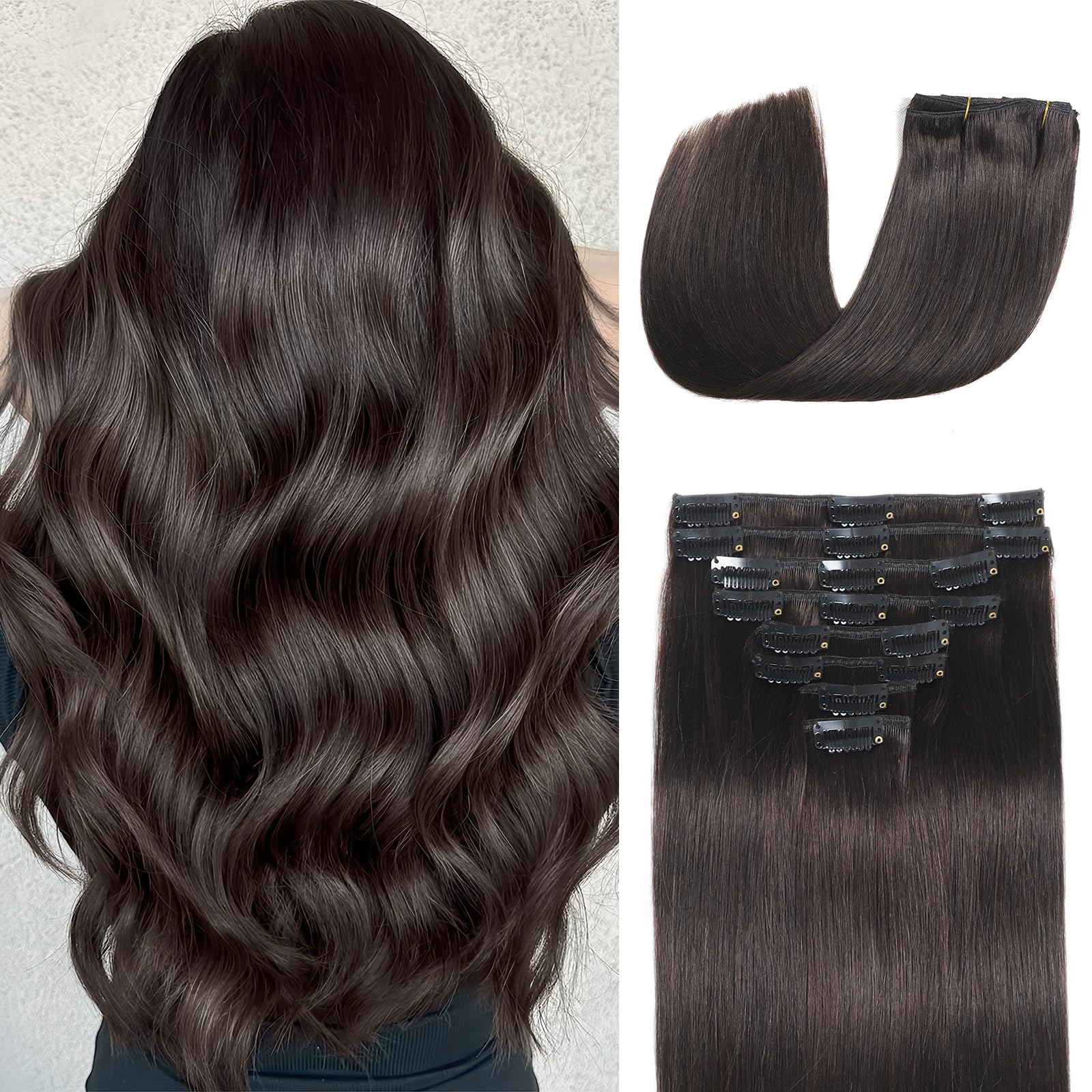 Stylifo clip-in extensions in dark brown for seamless volume and natural-looking length.