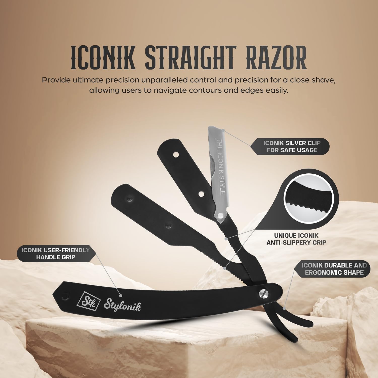 Stylonik straight edge razor handle detail highlights non slip stainless steel grip for precise shaving