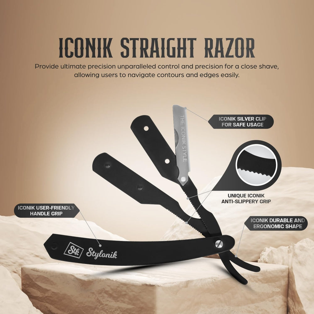 Stylonik straight edge razor handle detail highlights non slip stainless steel grip for precise shaving