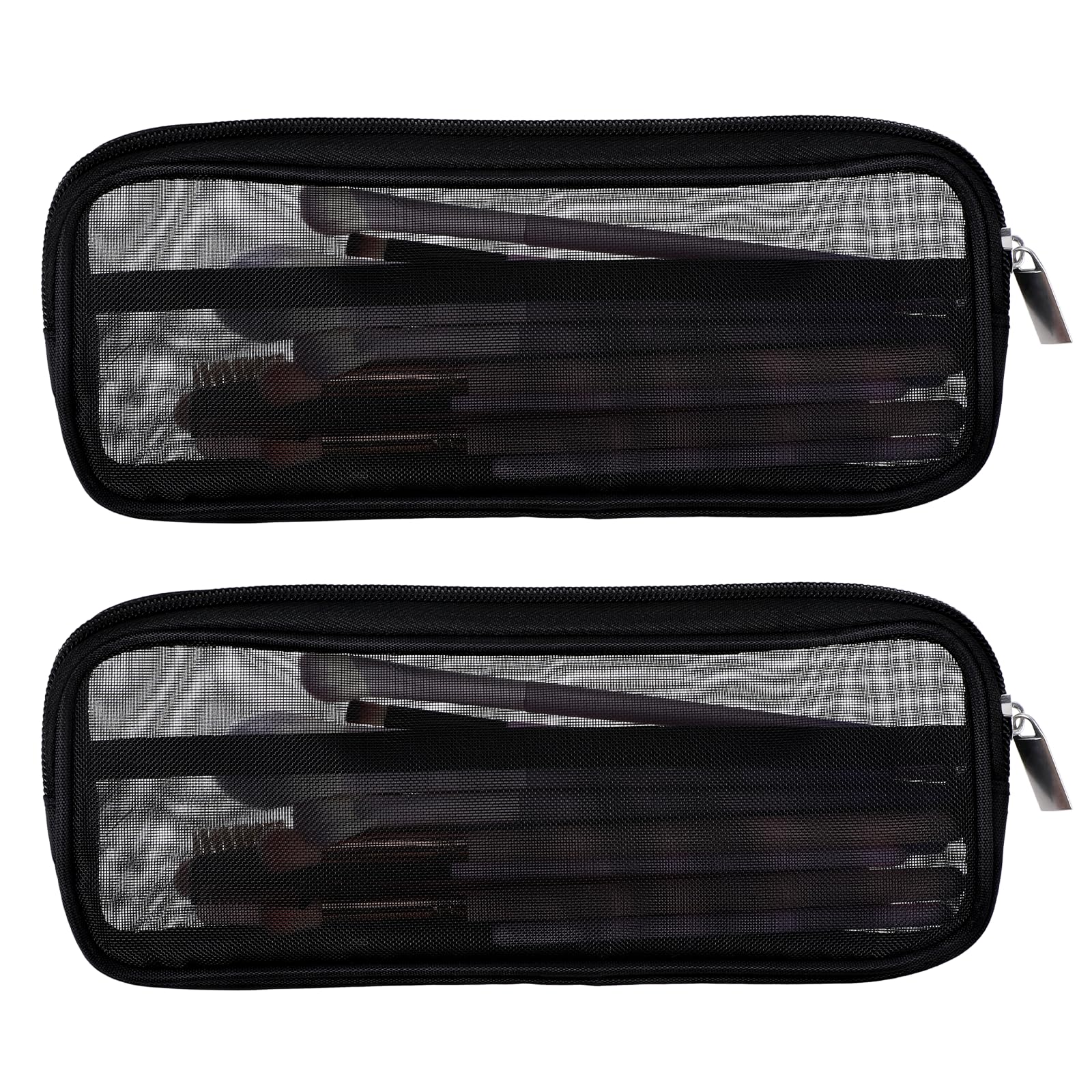 Styquenzer mesh makeup bag closed-front view shows portable organization for travel brushes.