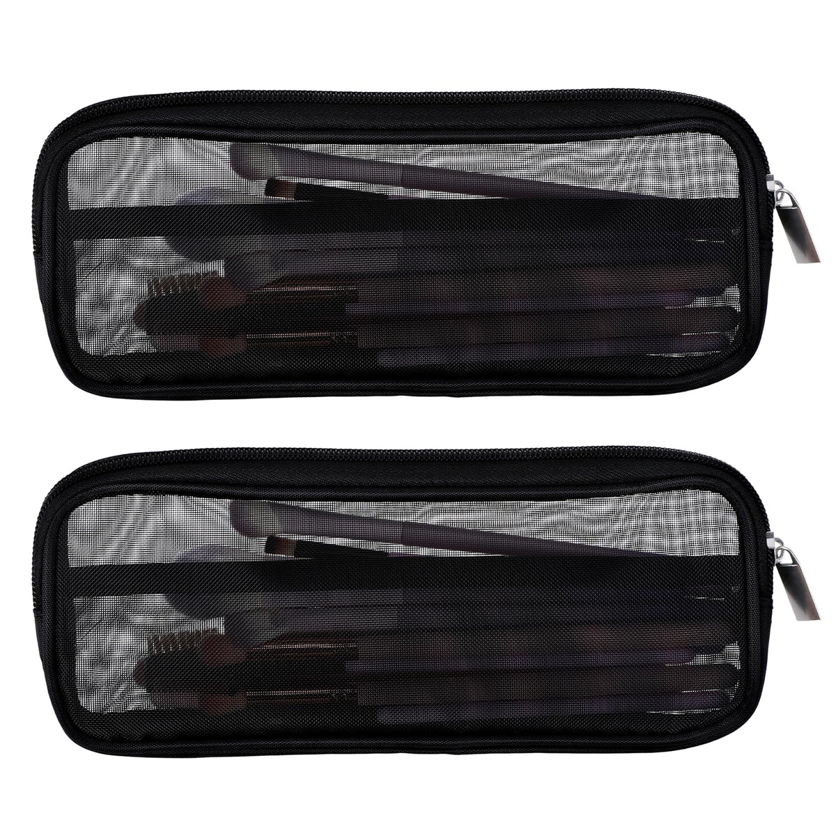 Styquenzer mesh makeup bag closed-front view shows portable organization for travel brushes.