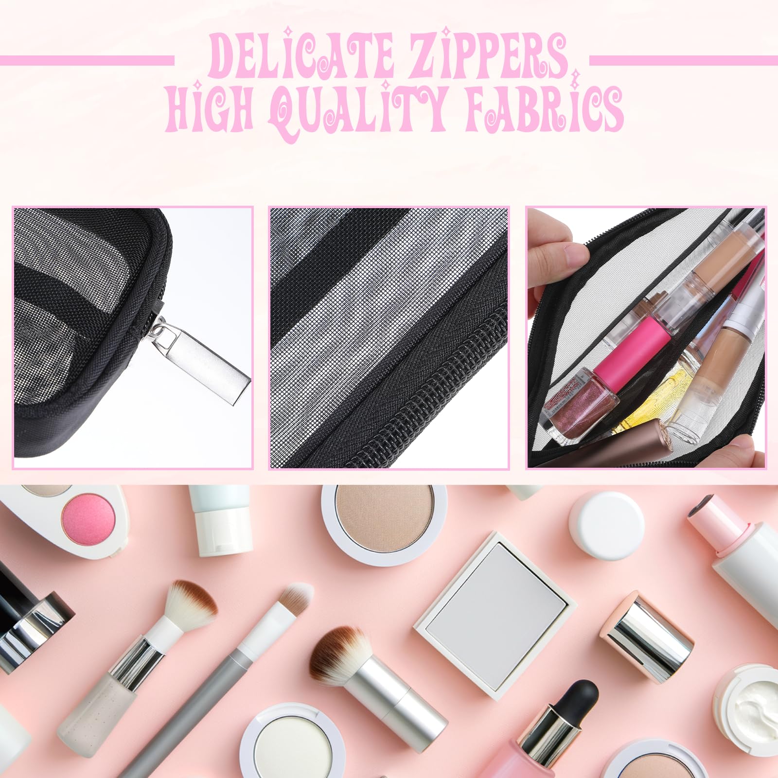 Styquenzer mesh makeup bag inside-organization demonstrates versatile use for cosmetics.