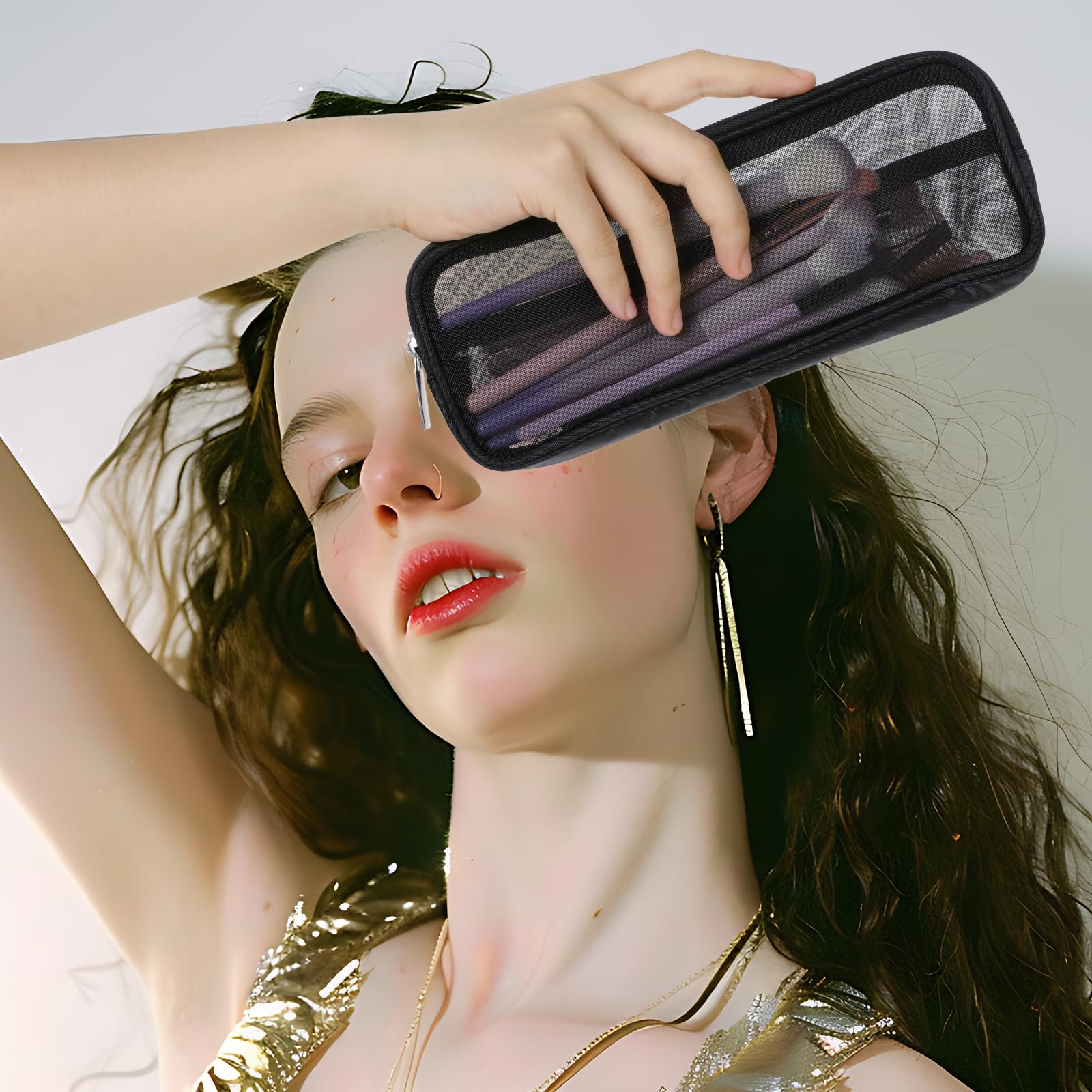 Styquenzer mesh makeup bag transparent side view highlights easy visibility for quick access.
