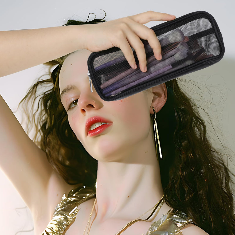 Styquenzer mesh makeup bag transparent side view highlights easy visibility for quick access.