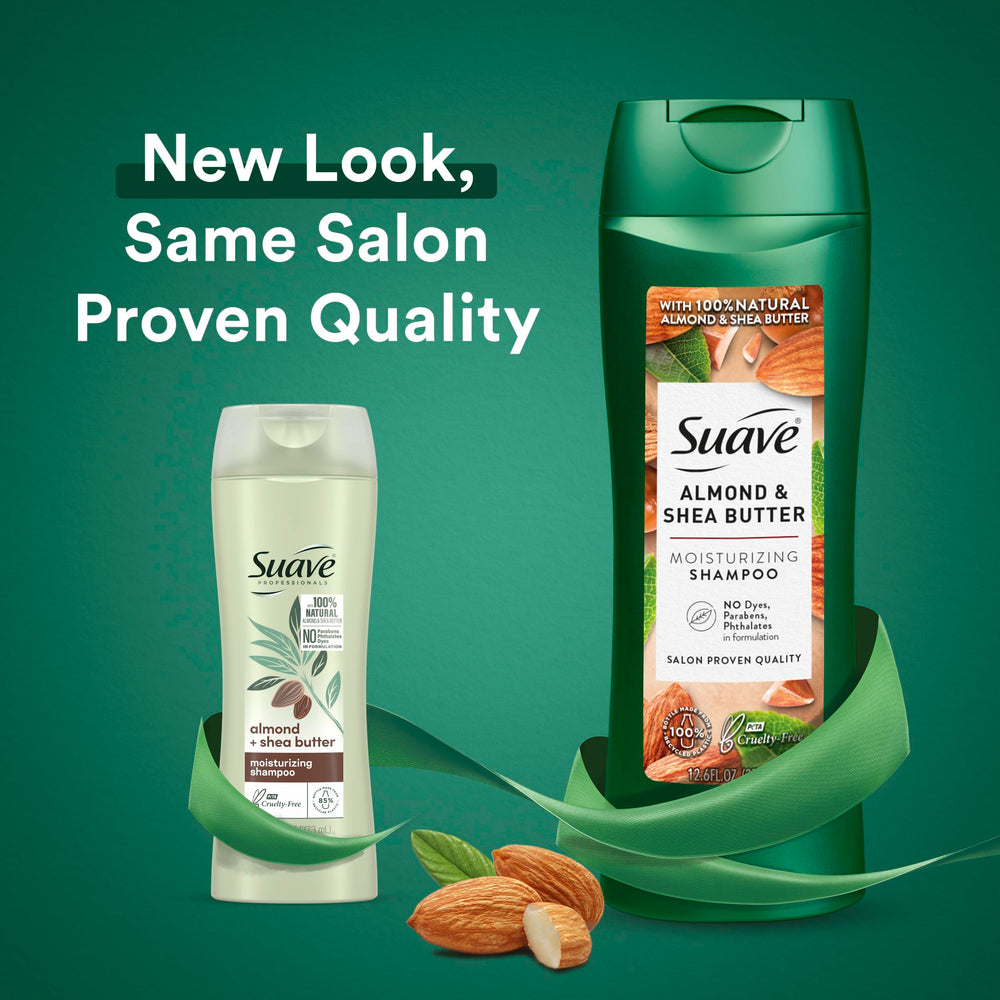 Suave Almond & Shea Butter conditioner bottle, providing hydration for dry, textured hair.