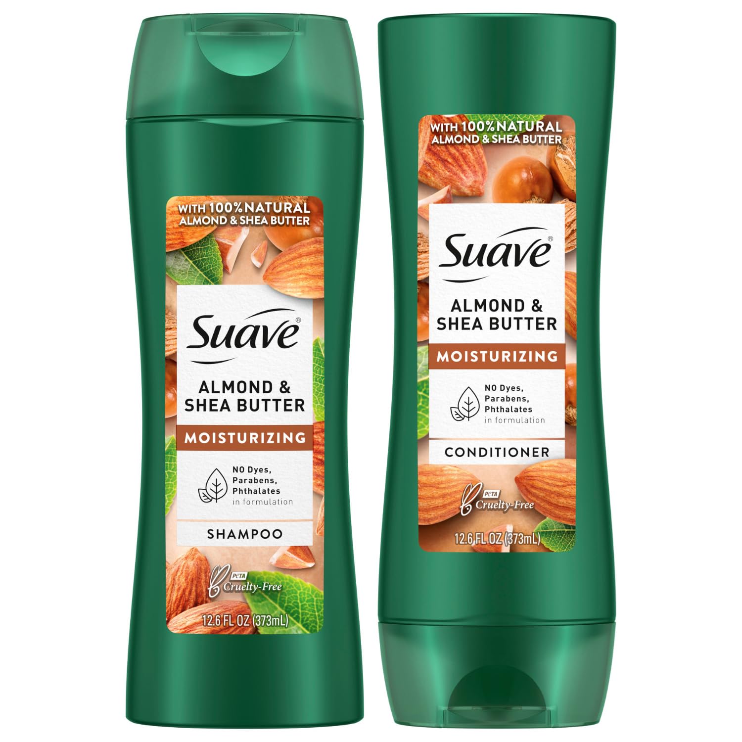 Suave Almond & Shea Butter shampoo bottle, showcasing a moisturizing formula for dry hair.