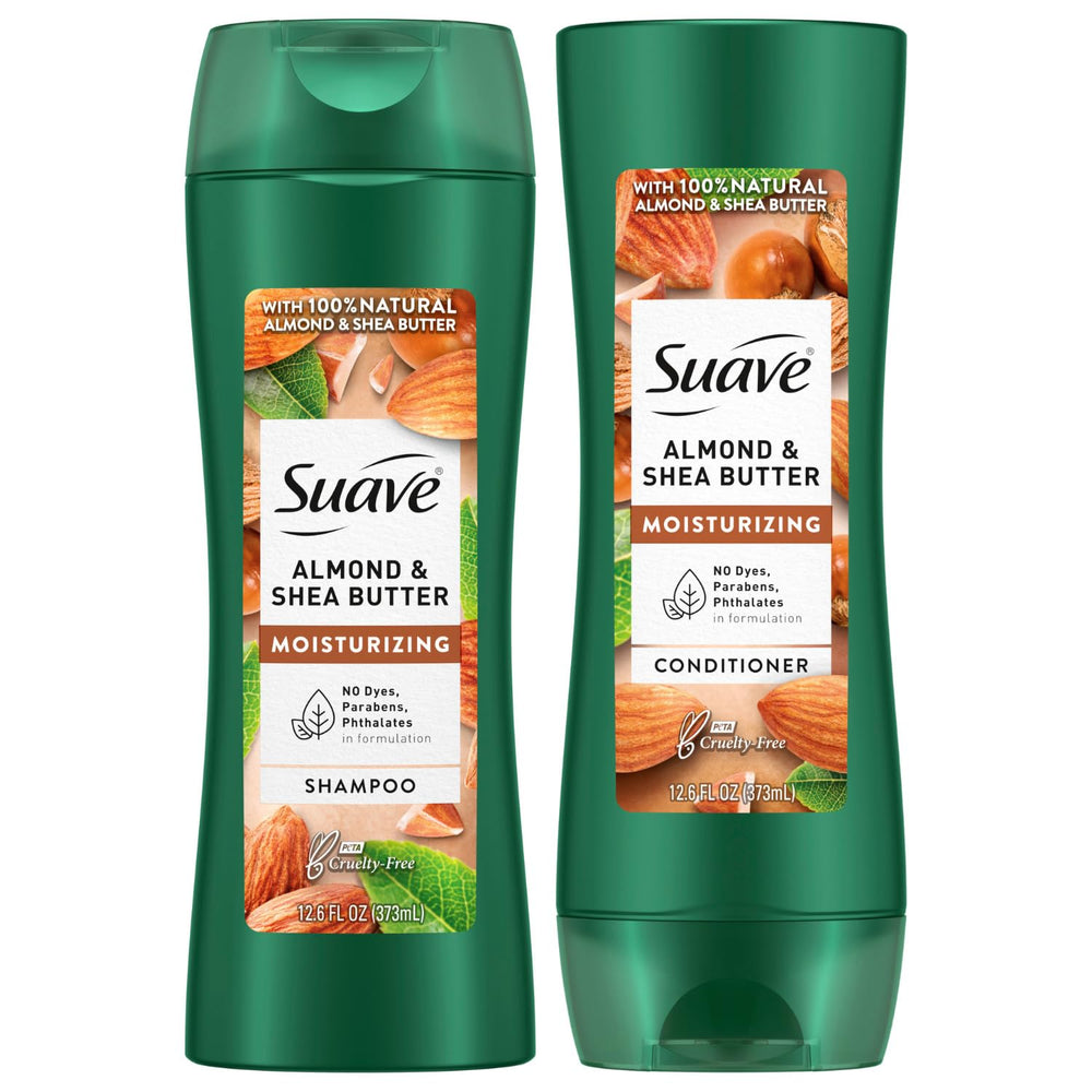 Suave Almond & Shea Butter shampoo bottle, showcasing a moisturizing formula for dry hair.