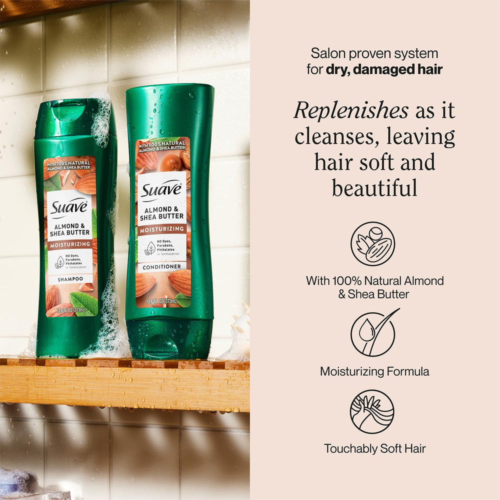 Suave almond-shea conditioner bottle highlights lasting hydration for dry hair