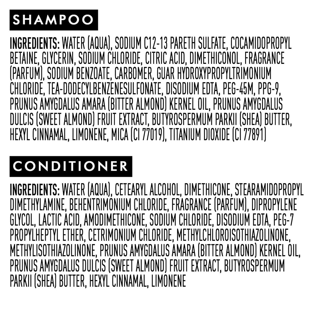Suave almond-shea label close-up highlighting free from silicones and parabens.
