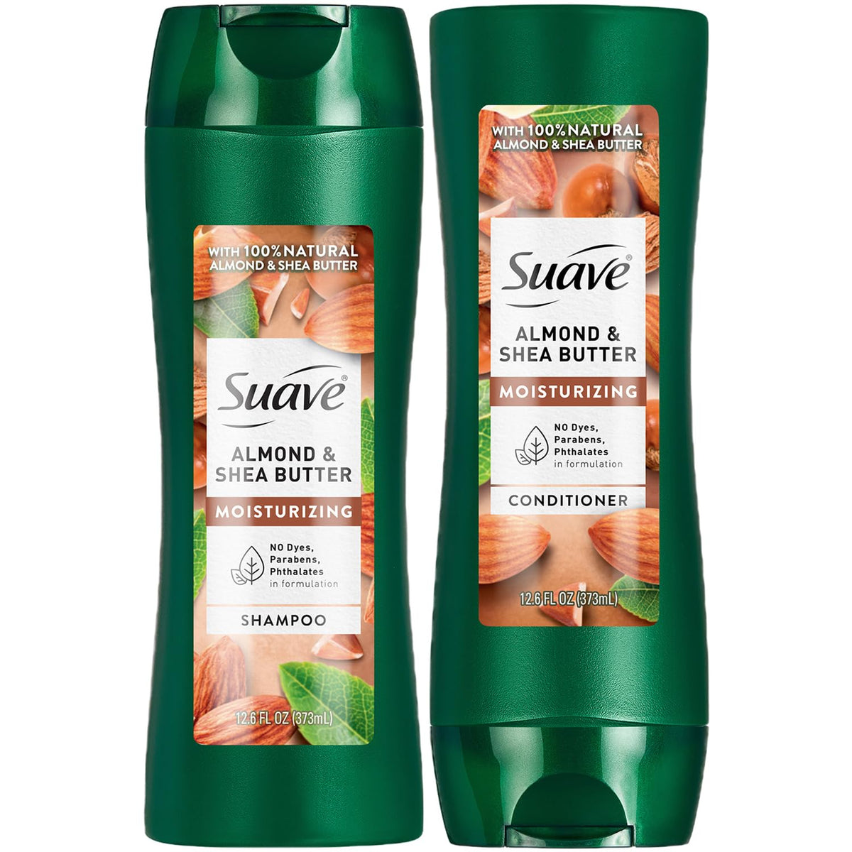 Suave almond-shea shampoo bottle shows moisturizing formula for dry hair