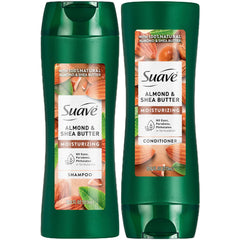 Suave almond-shea shampoo bottle shows moisturizing formula for dry hair