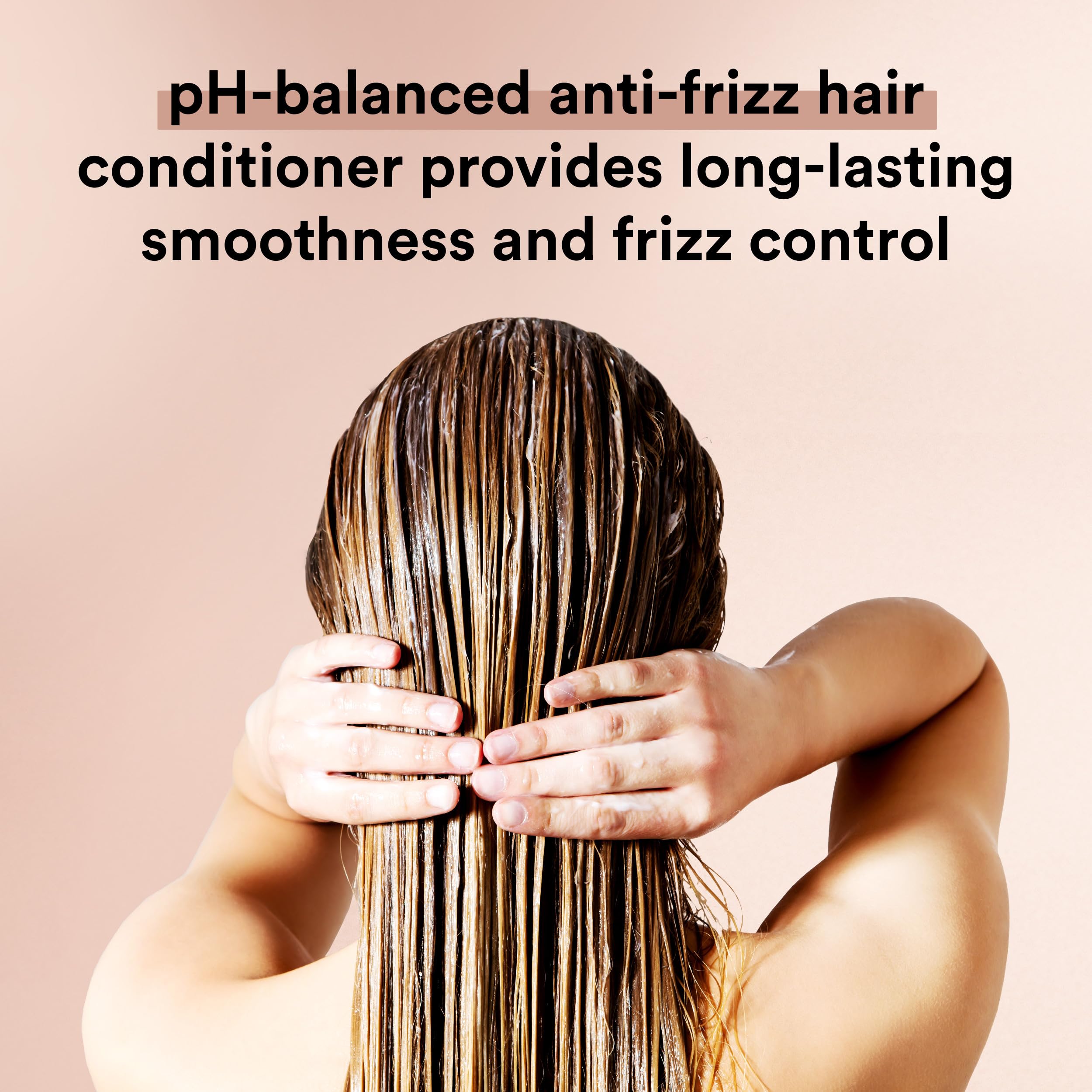 Suave Anti-Frizz care shot captures glossy, controlled hair with reduced frizz.