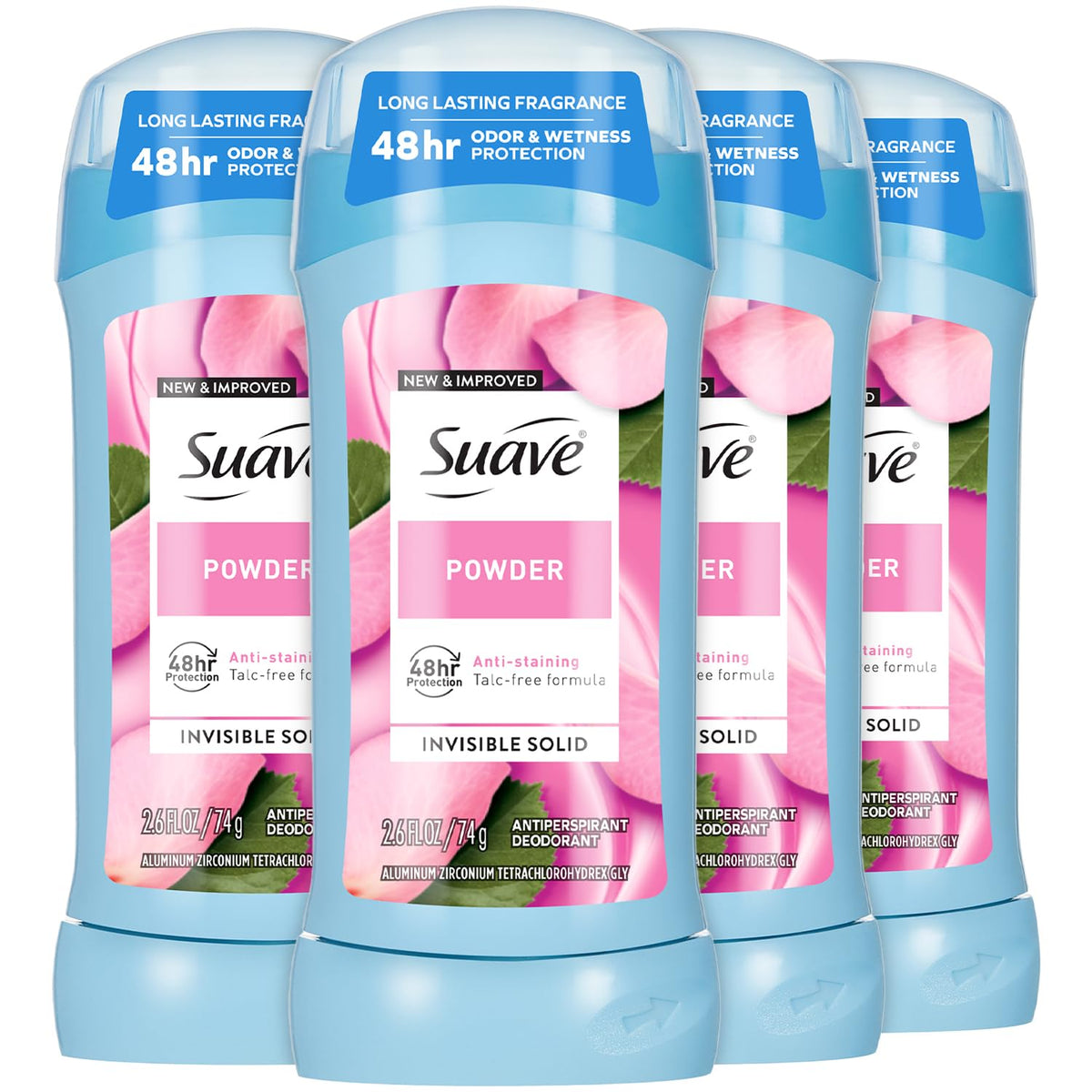 Suave powder deodorant 4-pack packaging highlights convenient value for daily freshness.