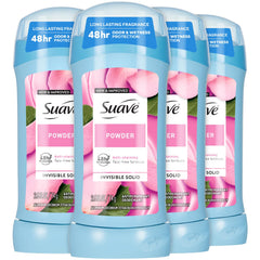 Suave powder deodorant 4-pack packaging highlights convenient value for daily freshness.