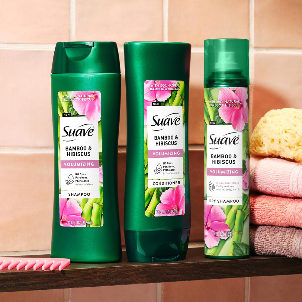 Suave Bamboo & Hibiscus conditioner pump highlights simple rinse and nourishment.