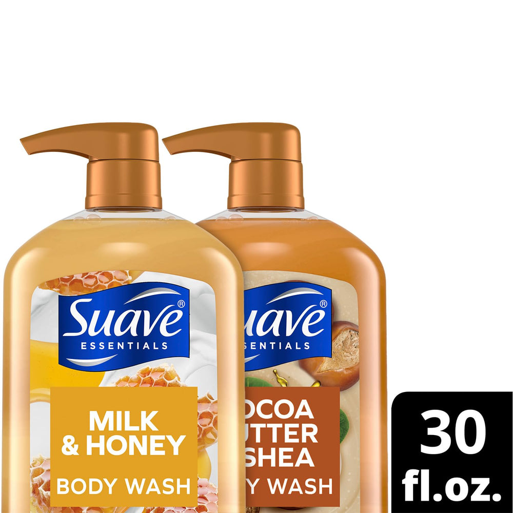 Suave Milk and Honey bottle with bubbles highlights foaming shower experience